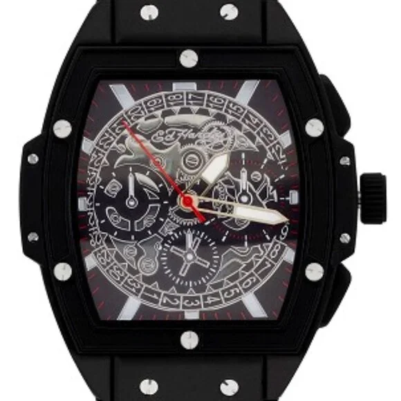 ED HARDY TONNEAU BLACK/RED/SILVER 3 HAND MEN'S SILICONE STRAP WATCH**NEW! - Picture 2 of 4